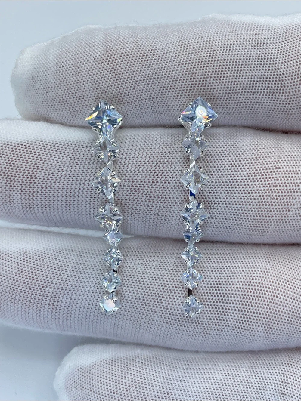 Swarovski Crystal Elements White Princess Cut Linear Dangle Bridal Earrings